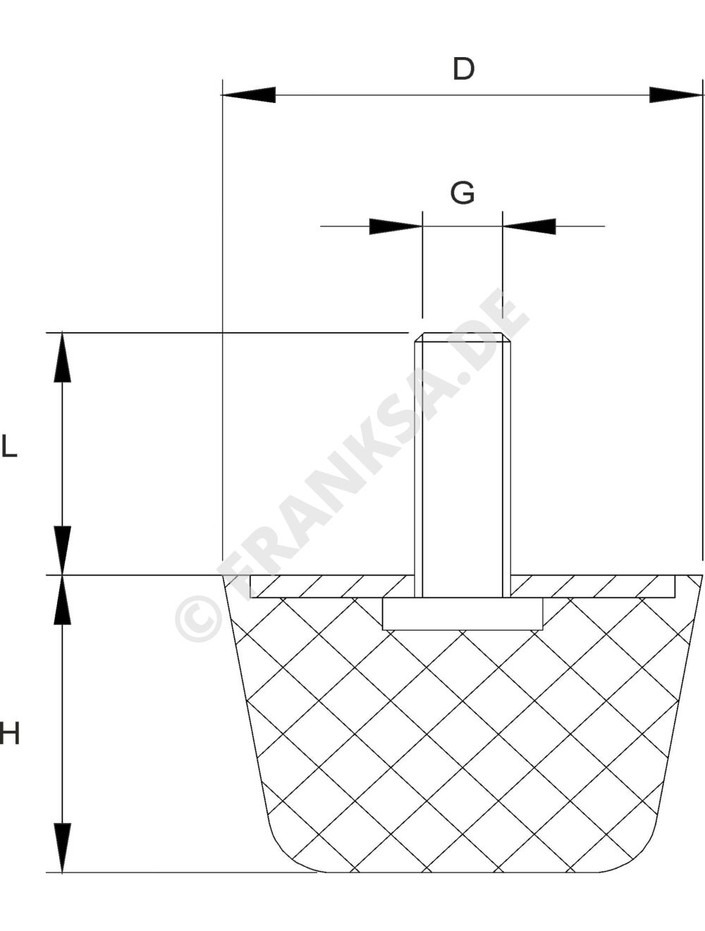 Gummi-Metall-Puffer, Ausführung DK, konisch ✓ Durchmesser D (mm) = 80 ✓  Gewinde G (metrisch) = 12 g ✓ Länge L1 (mm) = 37 ✓ Höhe H (mm) = 28