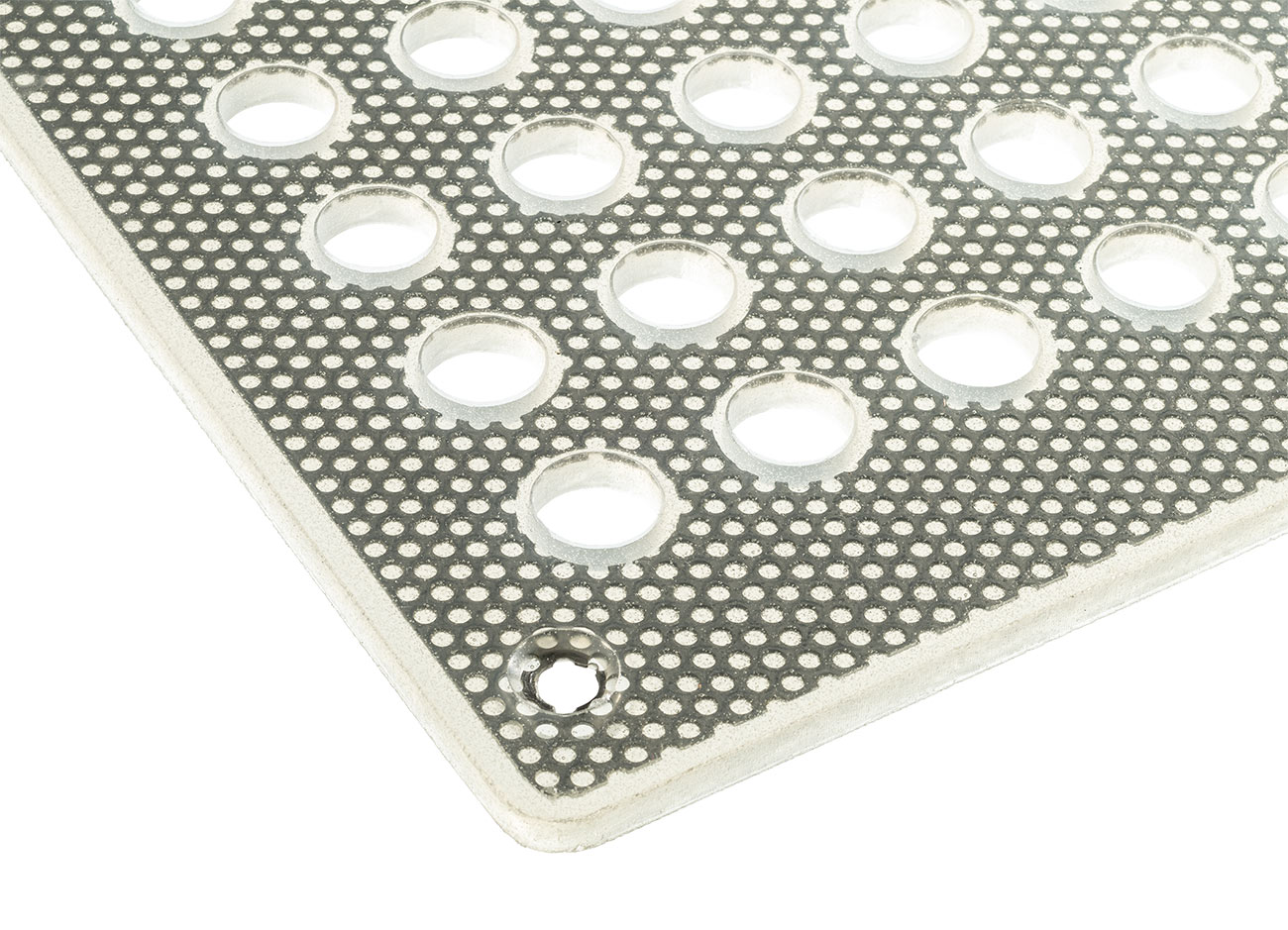 Edelstahllochblech<br>- Oberfläche beidseitig mit Silikonbeschichtung<br>- Farbe: transluzent<br>- Materialdicken: nach Absprache